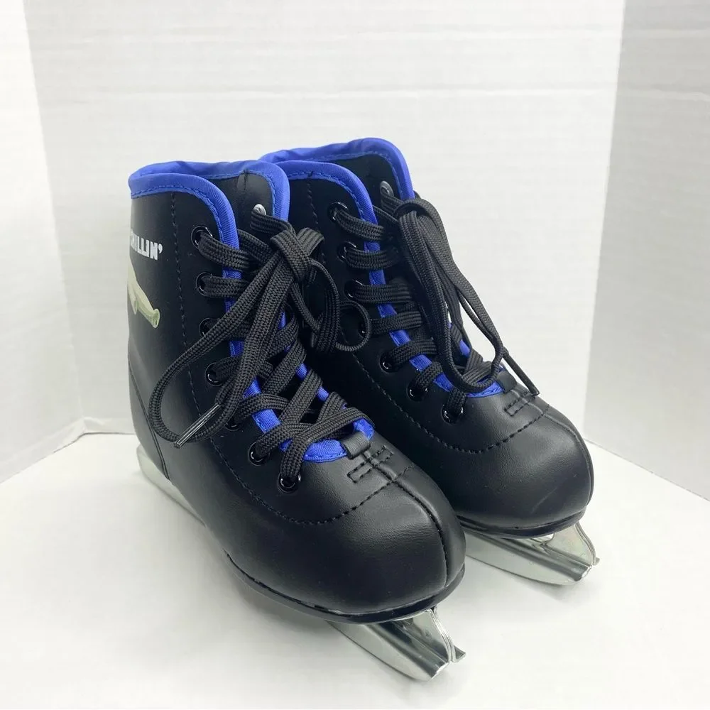 American Athletic Youth Boys Size 8 Chillin Double Runner Ice Skates Black Blue - Picture 2 of 13